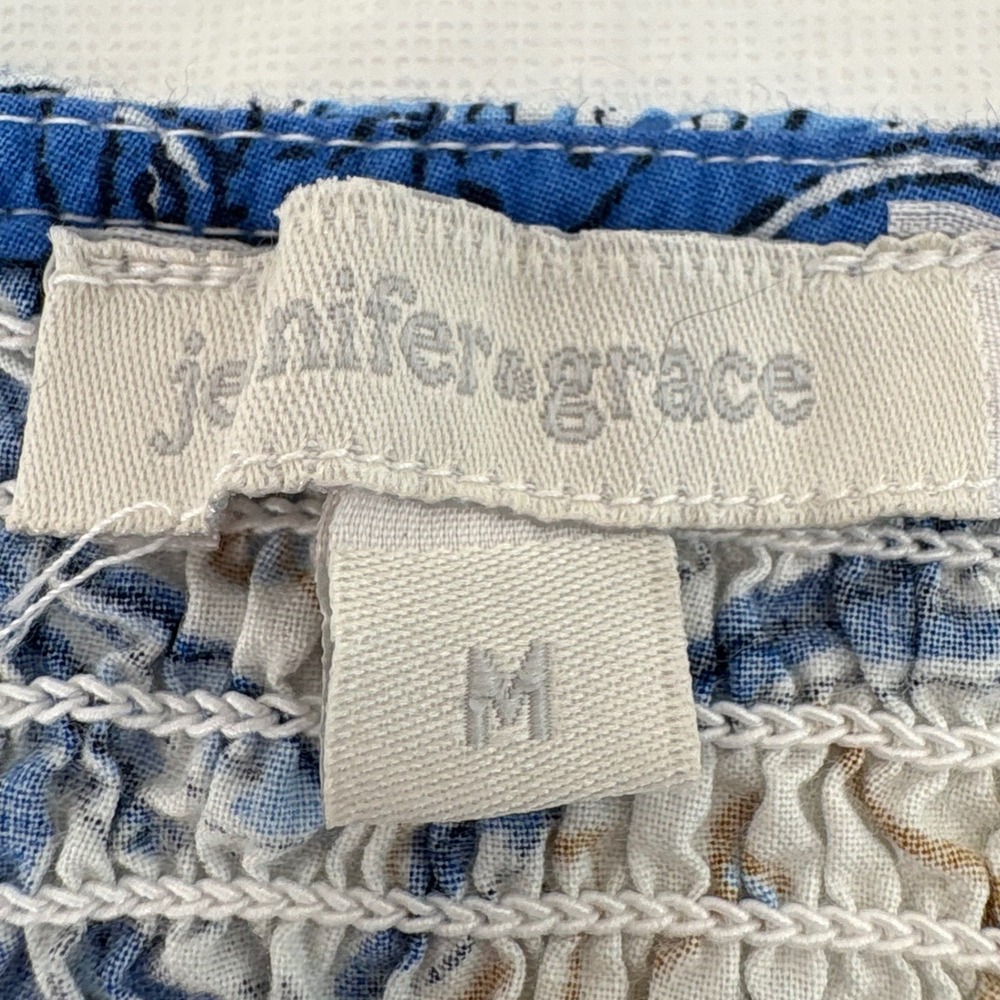 Jennifer Grace Blue Floral Cotton Block Print Smocked Ruffle Lace Blouse M - Picture 2 of 6